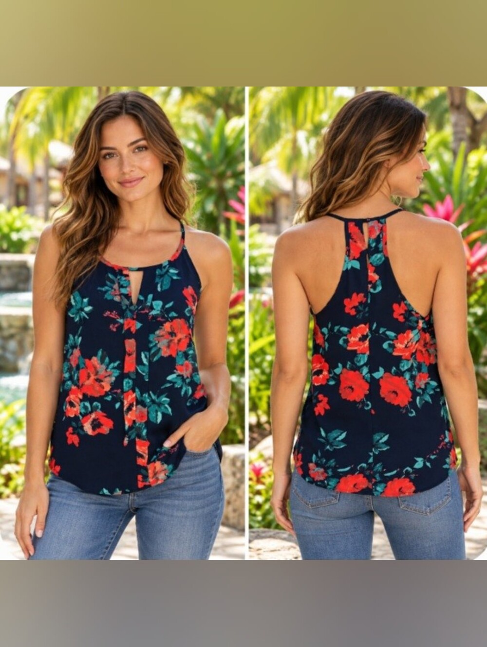 Ro & De Black Orange Green Floral Sleeveless Halter Top Small Tropical Vacation